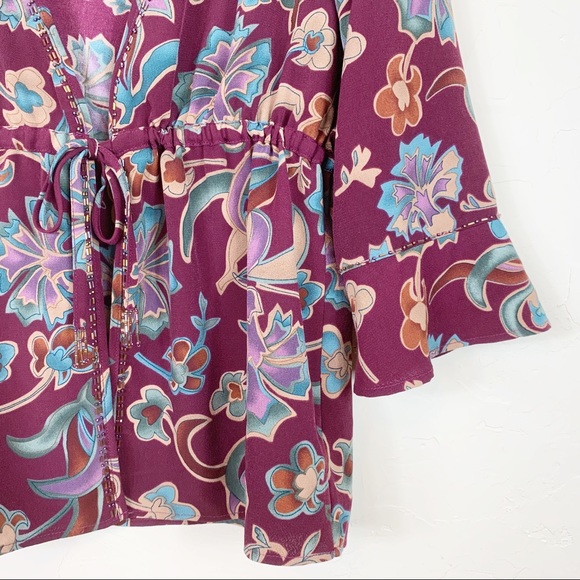 KEY LIME PIE Wine Floral Beads Linen Boho Kimono S - Picture 4 of 8